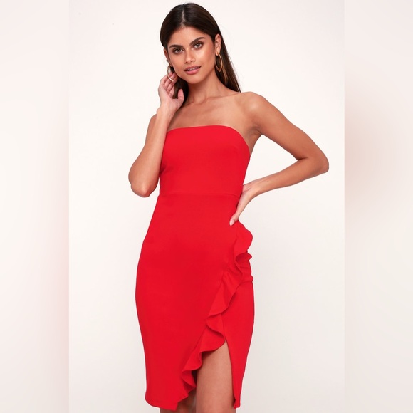 Lulu’s Anika Red Ruffled Strapless Bodycon Dress Size Small - Picture 3 of 4